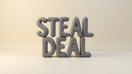 3D STEAL DEAL in matte gray on beige background with soft lightingの素材