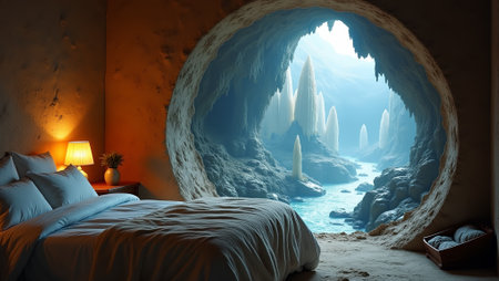 Explore a cozy bedroom with a mystical crystal cave portalの素材
