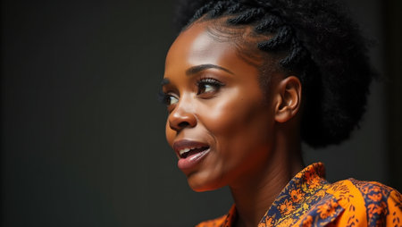 Confident African woman with braided hair in high bun wearing traditional outfit addressing crowdの素材