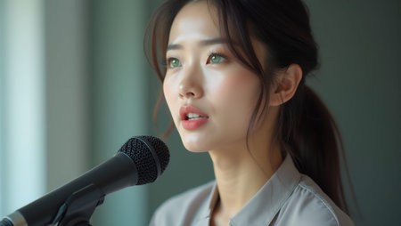 Graceful Asian woman with bright green eyes speaking into microphone styled updo light gray blouseの素材