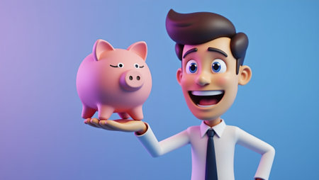 Businessman's hand holding piggy bank on blue purple gradient backdropの素材