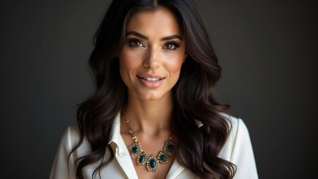 Confident Hispanic woman with bold features and compelling gaze in a classic white blouseの素材