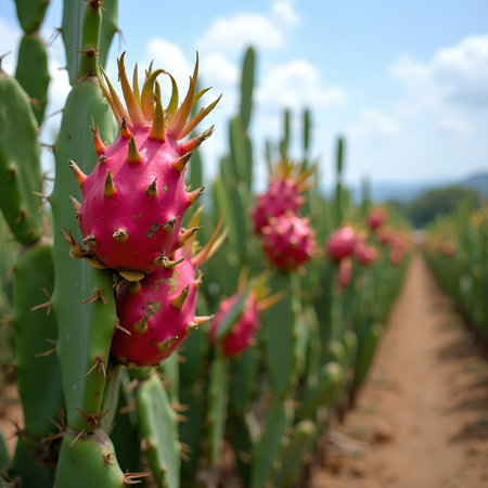 Vibrant dragon fruit plantation under blue skyの素材