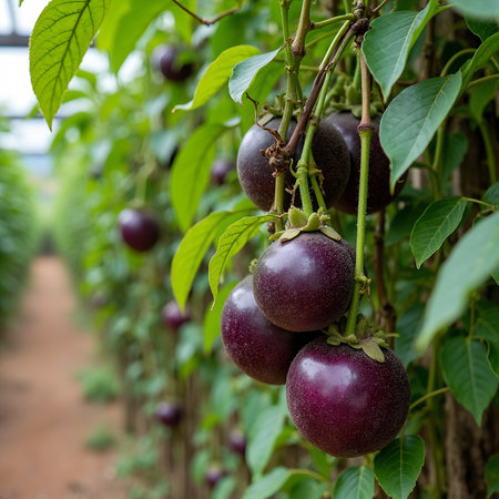 Vibrant purple passion fruits on lush green vines in a plantation settingの素材