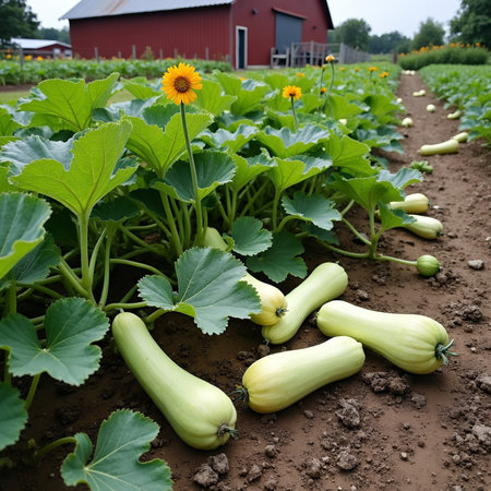 Lush squash plants with yellow flowers in vegetable gardenの素材