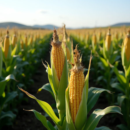 Lush cornfield under the sun with green stalks and ears of corn in rowsの素材