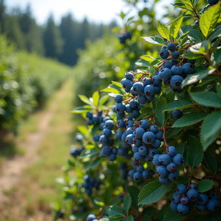 Vibrant blueberries on sunlit bushes in a lush field extending rows with trees in backgroundの素材