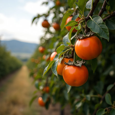 Fresh persimmons on sunlit tree in orchard with distant hillsの素材