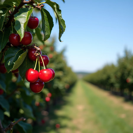 Vibrant cherries on branch in orchard under blue skyの素材