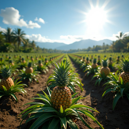 Tropical plantation with neat rows of pineapples each plant bearing a large fruit under a bright sunの素材