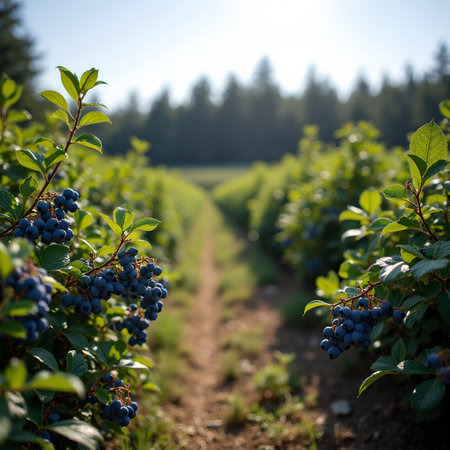Vibrant blueberries on sunlit bushes in a lush field extending rows with trees in backgroundの素材