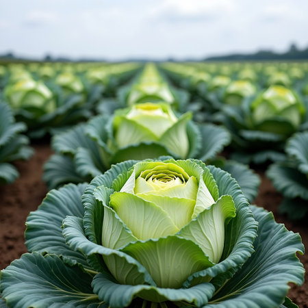 Fresh cabbages growing in a vast field under the clear skyの素材
