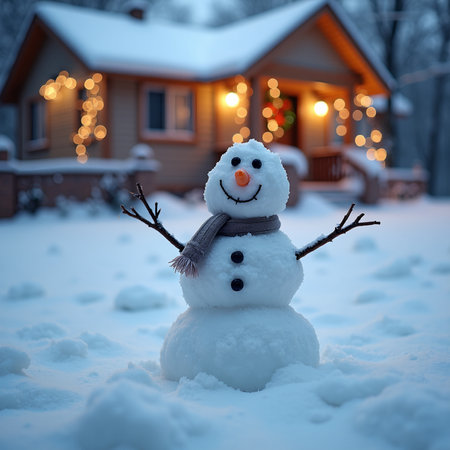 Festive snowman in winter wonderland with Christmas decorの素材