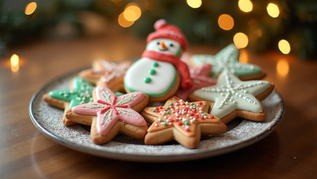 Festive Christmas cookies with colorful icing on a wooden tableの素材