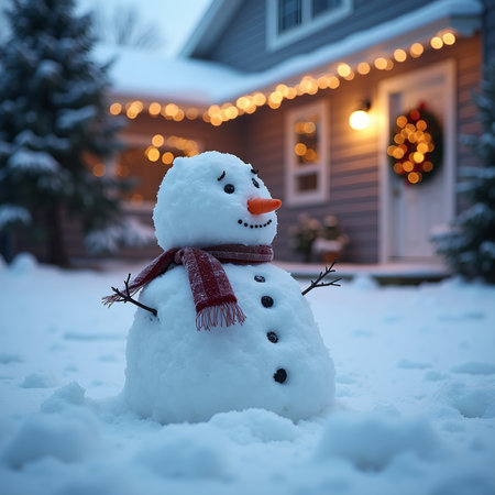 Festive snowman in winter wonderland with Christmas decorの素材