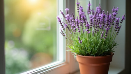 Lavender plant in terracotta pot on windowsill with soft sunlight and garden viewの素材