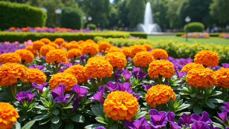 Colorful marigolds and petunias in full bloom in a park setting with a fountain and trimmed hedgesの素材