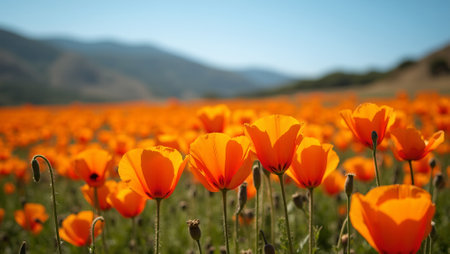Vibrant orange poppies blooming in sunny field blue sky and distant hills in backgroundの素材
