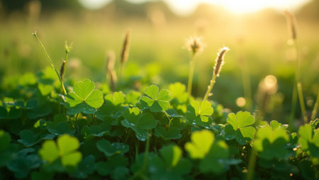 Lush clover patch with dew drops in sunlit meadowの素材