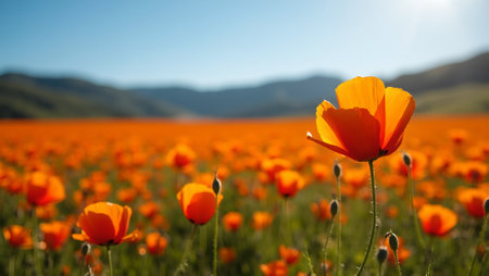 Vibrant orange poppies blooming in sunny field blue sky and distant hills in backgroundの素材
