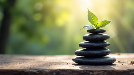 Tranquil zen stone stack with leaves on wooden surfaceの素材