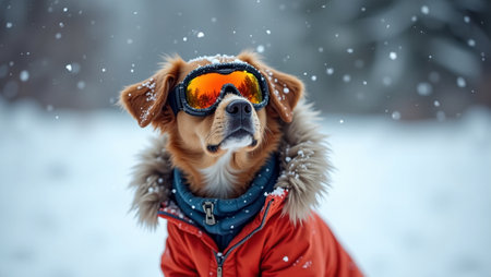 Adorable dog in ski goggles and winter jacket enjoys snowfallの素材