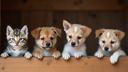 Adorable kitten and puppies peeking from wooden tableの素材