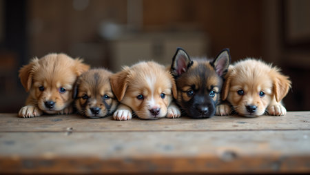 Adorable long haired kitten with playful puppies peeking out from behind tableの素材