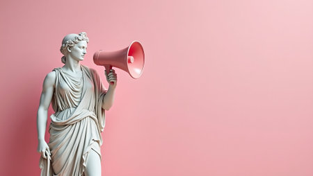 Modern Greek statue with futuristic loudspeaker in reflective poseの素材