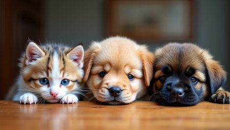 Adorable kitten and playful puppies peeking over wooden table edgeの素材