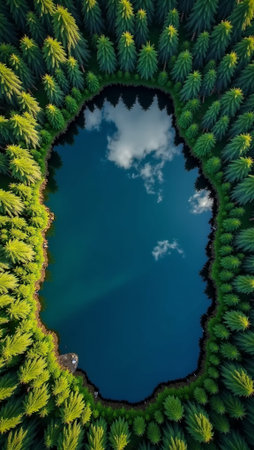 Tranquil lake nestled in lush forest reflecting blue sky and green treetopsの素材