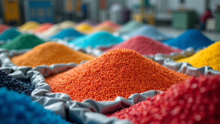 Colorful plastic pellets in massive containers for molding in a clean factory settingの素材