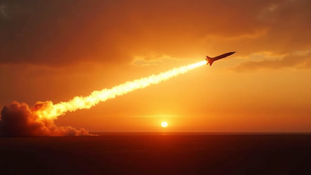 Blazing military rocket streaks through fiery sunset skyの素材