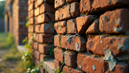 Ancient brick wall with vines and lichen bathed in golden lightの素材