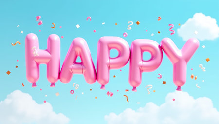 Celebrate with a joyful HAPPY in balloon letters amidst confetti under a sunny blue skyの素材