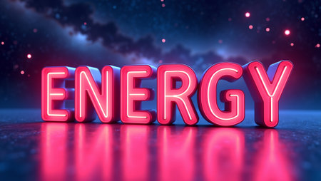 Vibrant ENERGY words in neon colors amid a cosmic galaxy backdropの素材