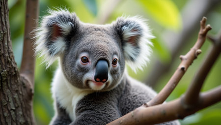 Adorable koala in focus on eucalyptus branch with lush green bokehの素材