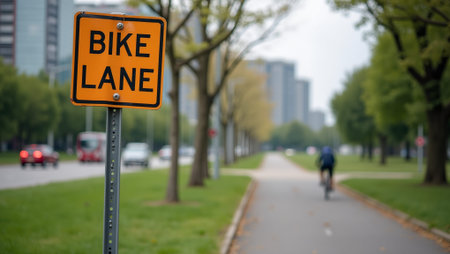 Urban Bike Lane Sign with Cyclists in Motionの素材