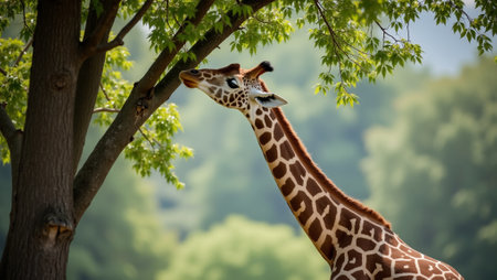 Giraffe Feeding Among Leafy Canopy Majestic Wildlife Photographyの素材