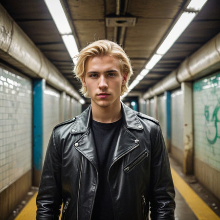 Blond Young Man in Leather Jacket Walking Through Subway Tunnel  Futuristic Urban Portraitの素材
