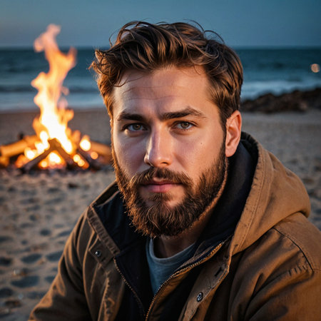 Bonfire Beach Night  Moody Portrait of Man with Brown Hair and Beardの素材
