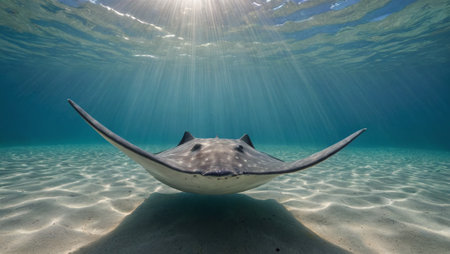 Underwater Serenity Illuminated Stingray Gliding in Sunlight Beamsの素材