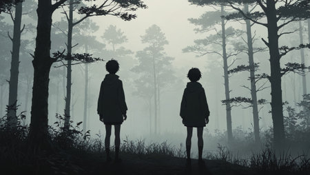 Lonely Figure in Foggy Forest Anime Style Silhouetteの素材