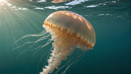 Underwater Serenity Jellyfish Bathed in Sunlight Beamsの素材