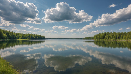 Tranquil Serenity Reflective Lake at Dawnの素材