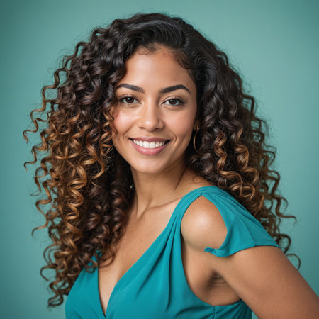 Joyful Hispanic Woman with Long Curly Hair in Blue Dress Against Teal Backgroundの素材