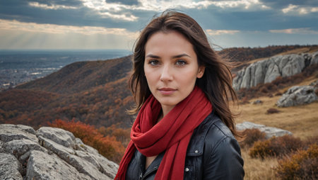 Serene Beauty Woman in Red Scarf atop Rocky Hillの素材