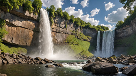 Majestic Cascade Tranquil Waterfall in Lush Forest Settingの素材
