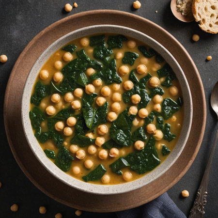 Vibrant Chickpea and Spinach Soup in Ceramic Bowlの素材