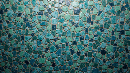 Glossy ceramic mosaic tiles in shades of blue and green with reflective surface and grout linesの素材